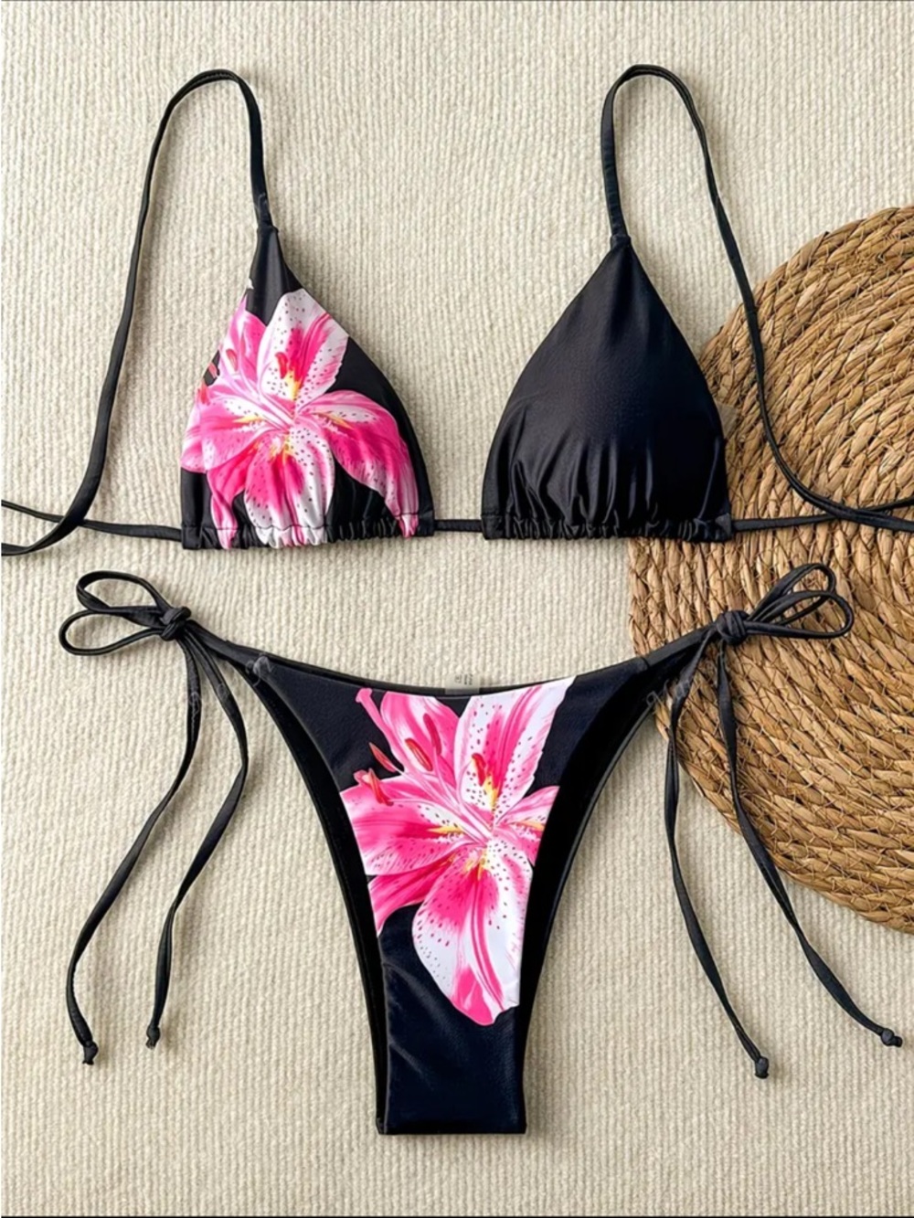 Black & Pink, Floral Lily, Bikini Set - Picture 6 of 8